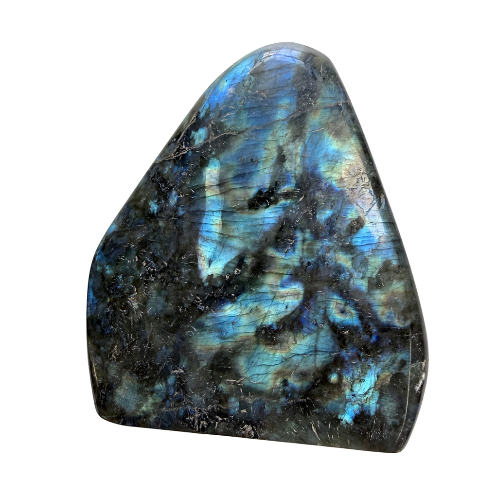 Labradorite Free Form Standing Stone Medium with blue flash on a white background