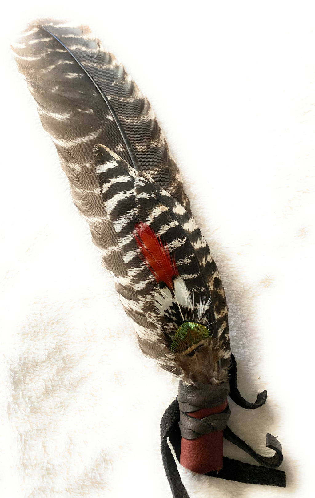 Smudge Fan with Leather wrapped Handle, Smudging Feathers: Colorful colors