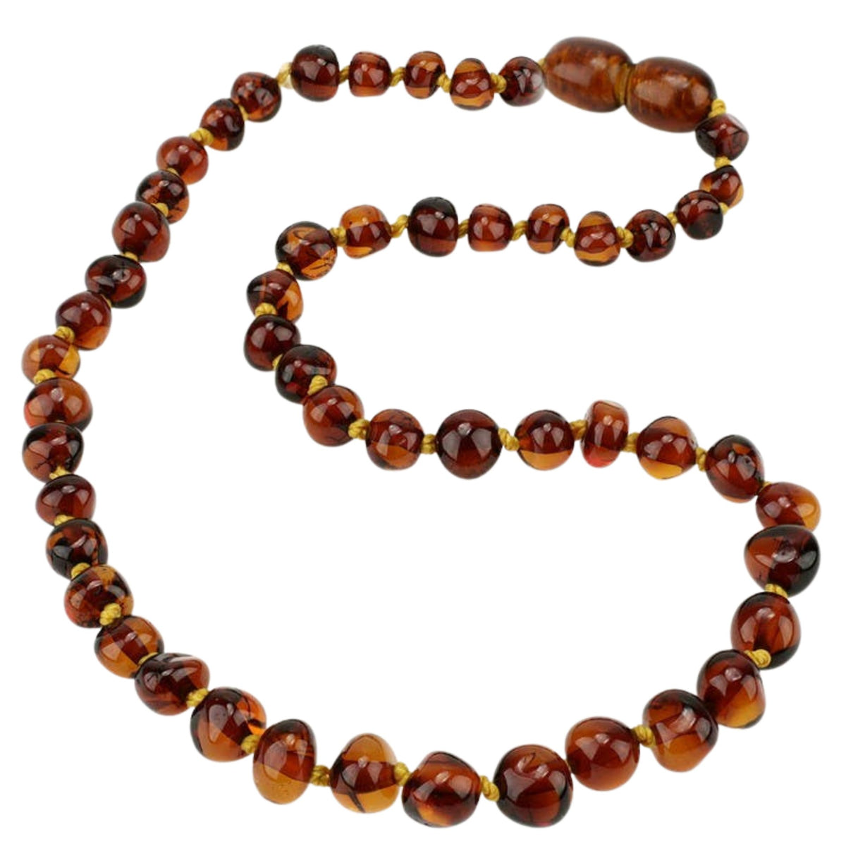 A beaded baby necklace made of polished amber-brown beads separated by small gold spacer beads, arranged in a loop on a white background.