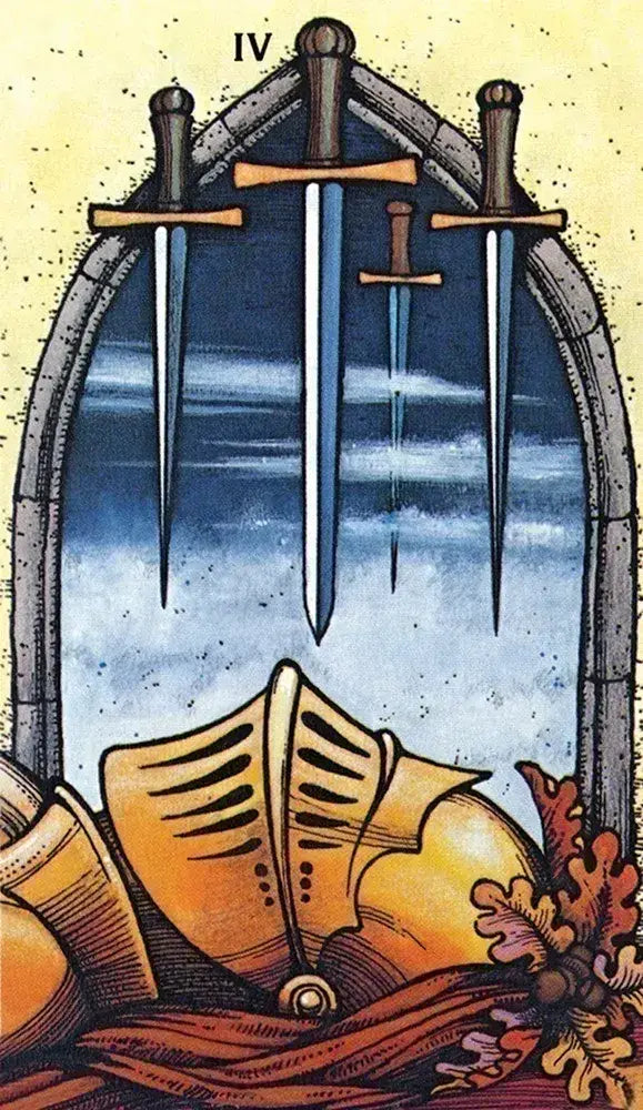 Tarot card with three swords and a helmet on a yellow background