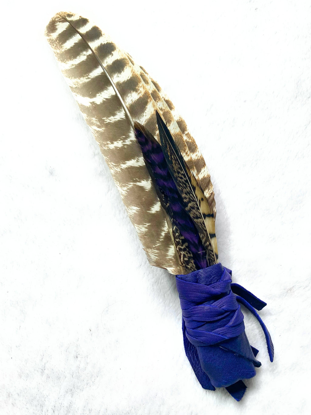 Smudge Fan with Leather wrapped Handle, Smudging Feathers: Colorful colors