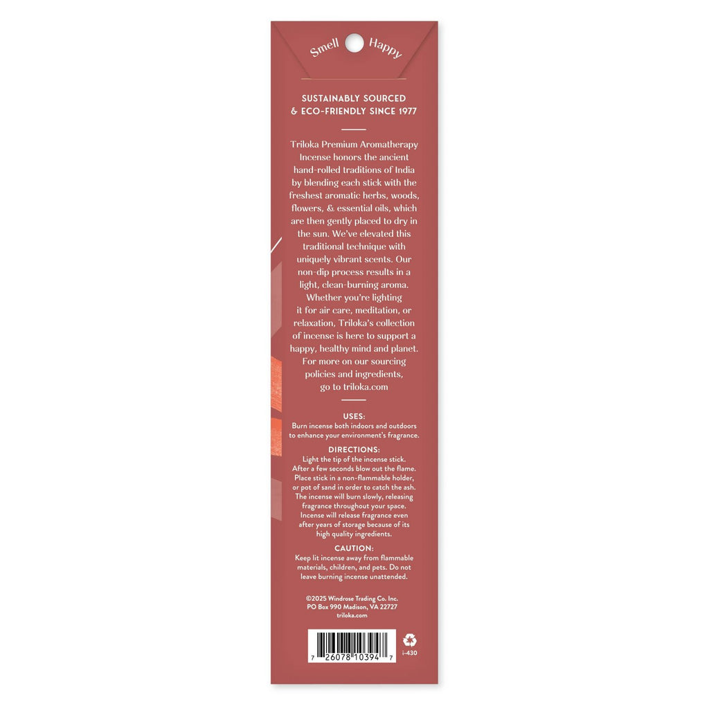 Back label of a Triloka Palo Santo Incense with text and branding information.