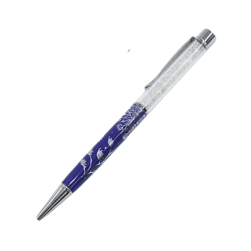 Pen - Lotus Flower Silver on Blue with Clear Quartz Chips