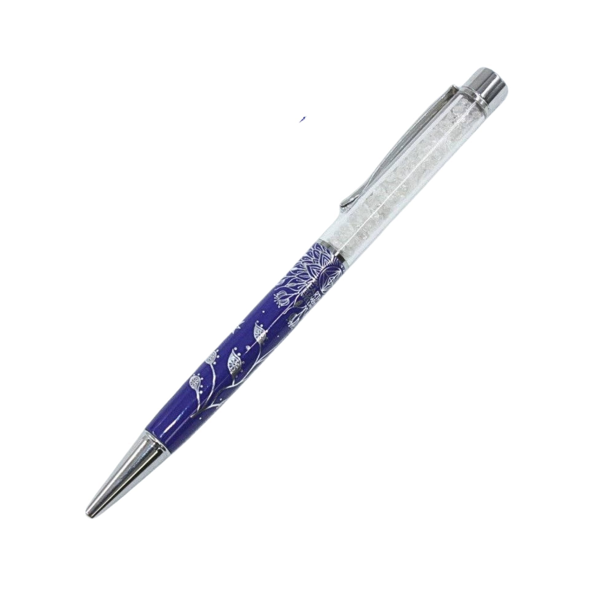 Pen - Lotus Flower Silver on Blue with Clear Quartz Chips