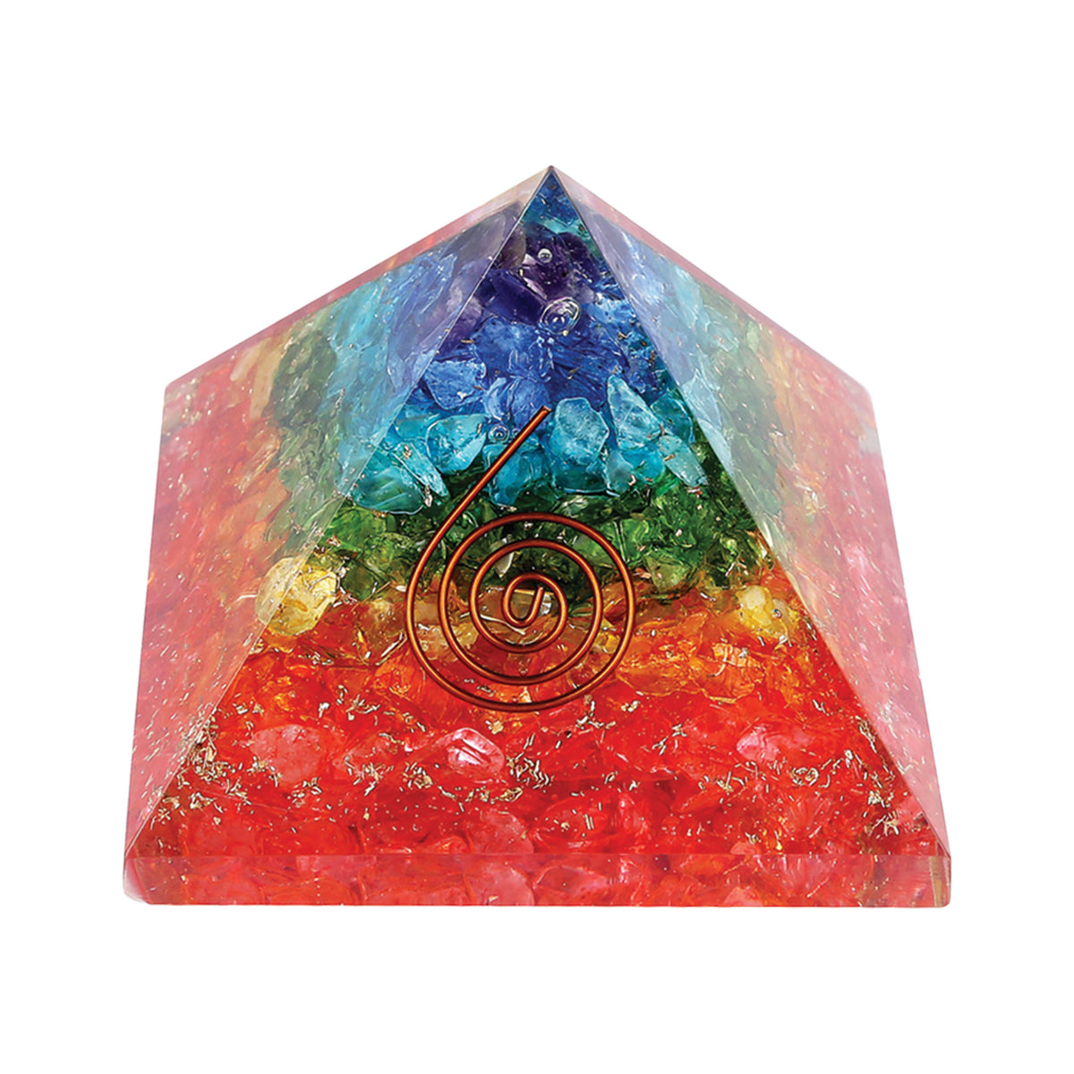 Colorful pyramid with chakra colors and a central spiral design on a white background