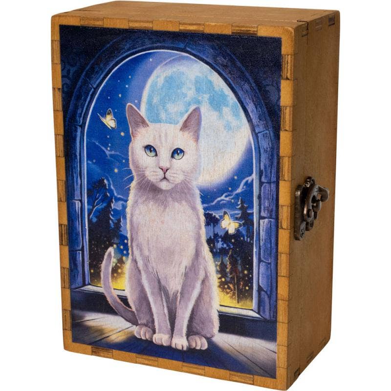 A rectangular wooden keepsake box with a hinged front panel painted to show a white cat sitting in front of a glowing full moon seen through an arched window. The box has a natural wood-toned frame and a metal latch on the side, photographed on a plain white background.