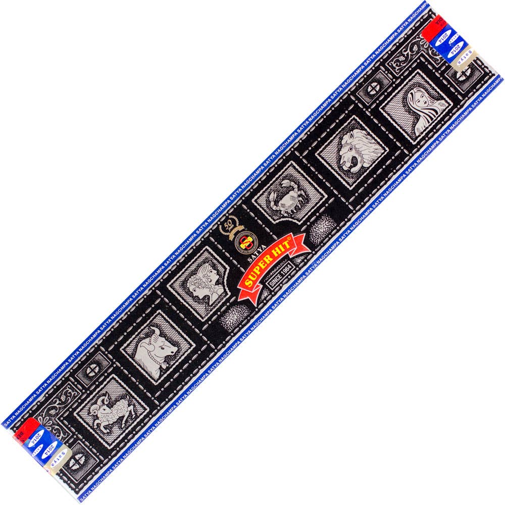 A 'Super Hit Satya Incense banner, shown diagonally on a white background.