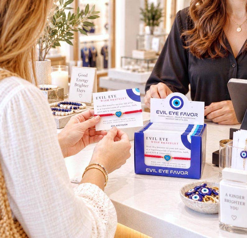 A person holds an Evil Eye Wish Bringer card at a counter while another person in a black shirt looks on. A blue and white Evil Eye Favor display box and matching cards are on the counter, with a bright, styled indoor shop environment in the background.