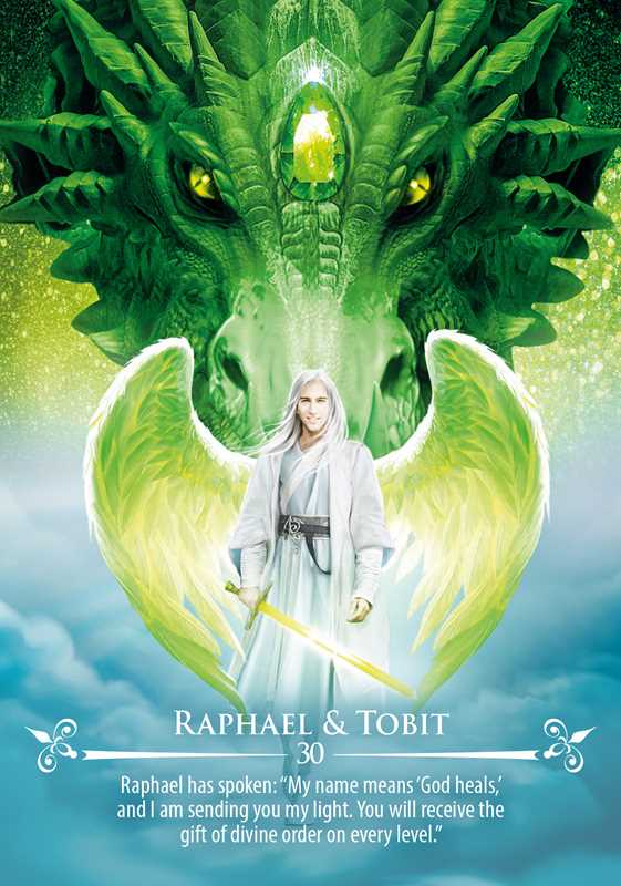 Card featuring a green dragon and a person in a white robe with text 'Raphael & Tobit' on a blue and green background.