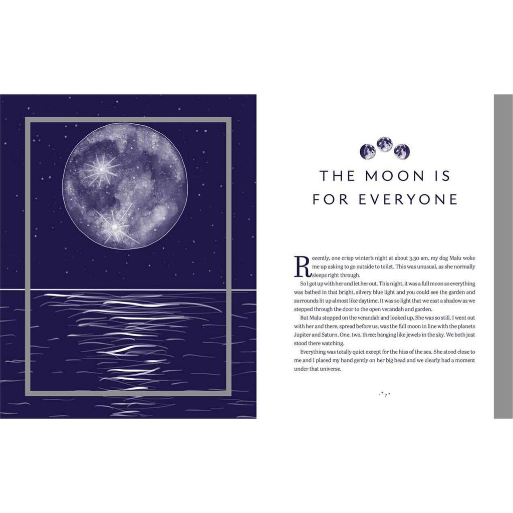 Page from a book or magazine with a moon illustration and text on a blue and gray background.