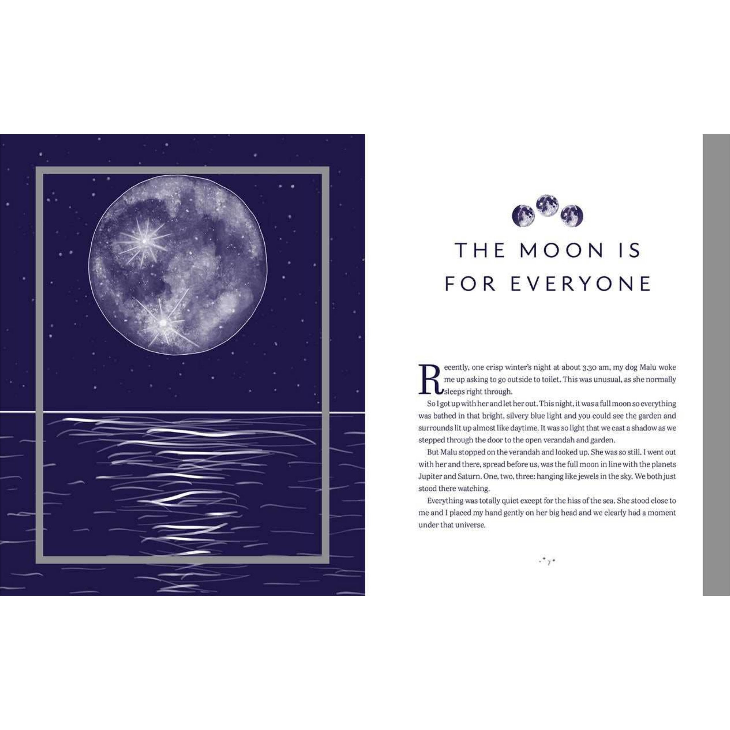 Page from a book or magazine with a moon illustration and text on a blue and gray background.