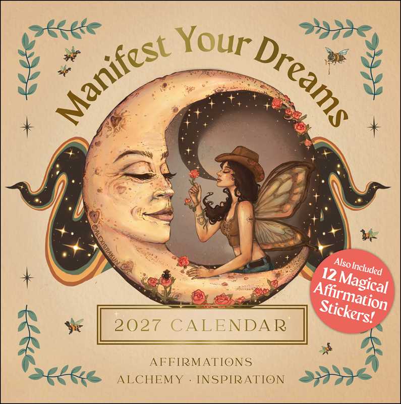 Calendar cover with fairy and moon design, titled 'Manifest Your Dreams 2027 Calendar'.