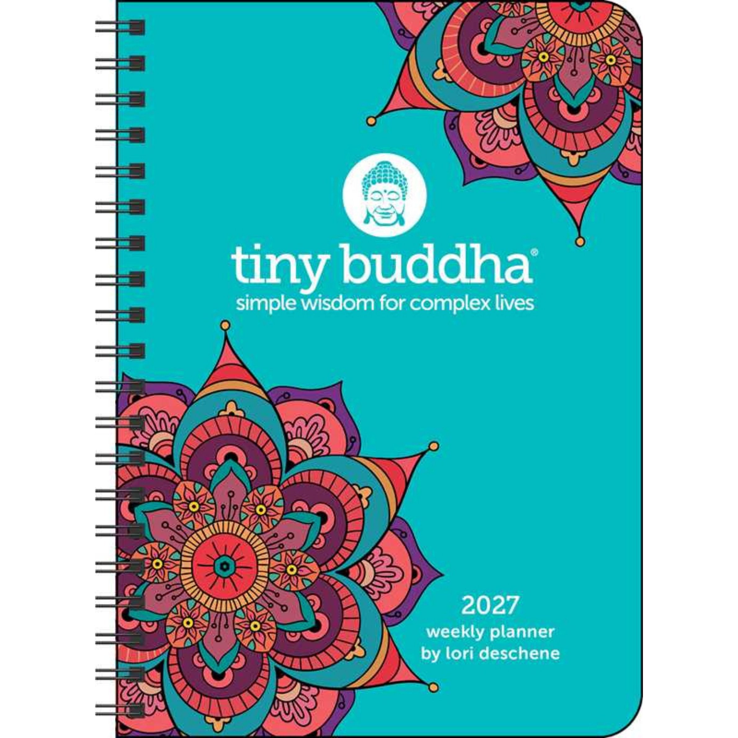 2027 weekly planner by tiny buddha with colorful mandala design on a teal background