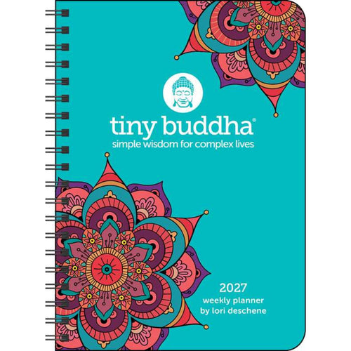 2027 weekly planner by tiny buddha with colorful mandala design on a teal background