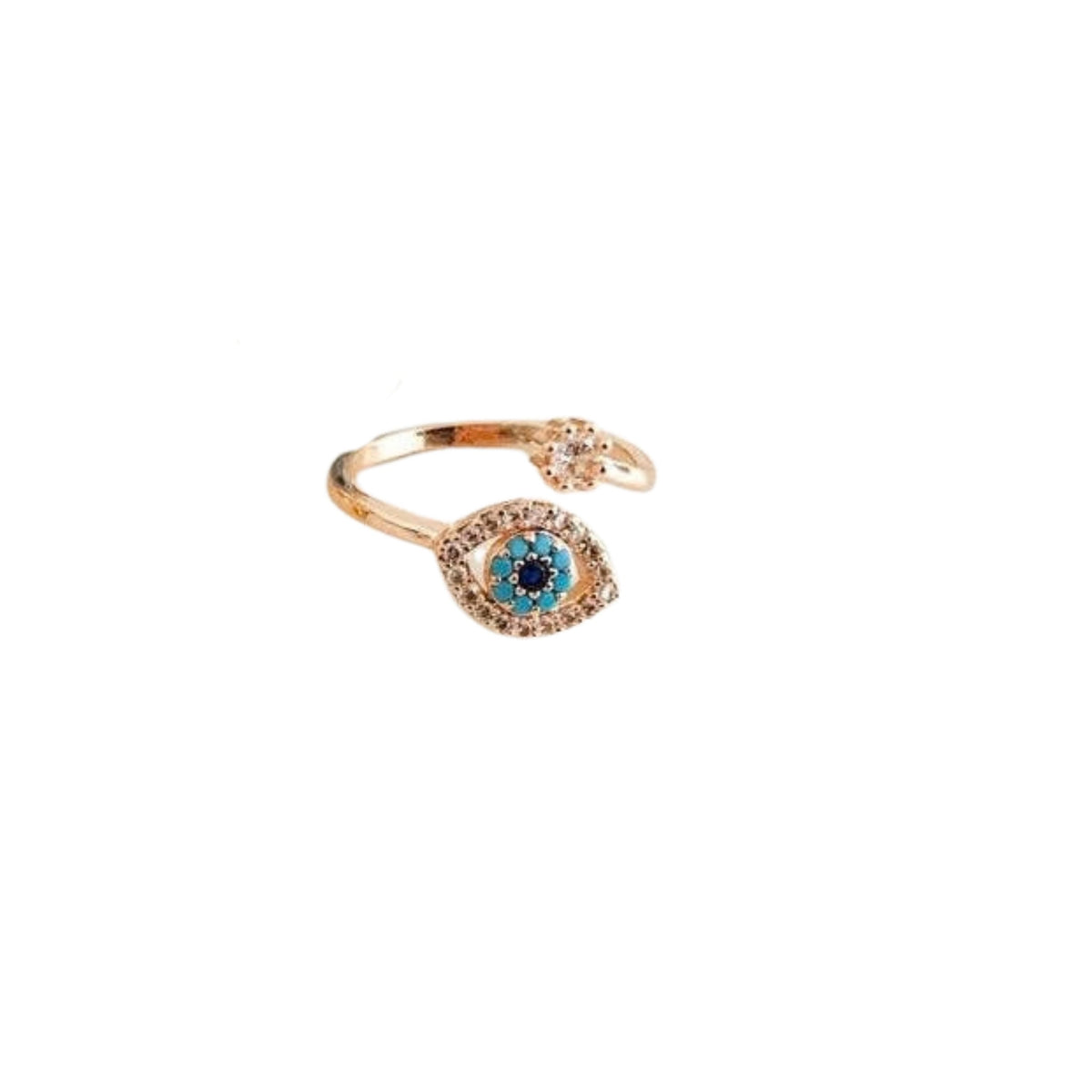 A rose gold open-shank ring featuring an evil eye motif with a blue and black center, surrounded by small clear stones, on a plain white background.