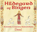 Book cover of 'Hildegard of Bingen' featuring illustrations of Hildegard and animals on a beige background.