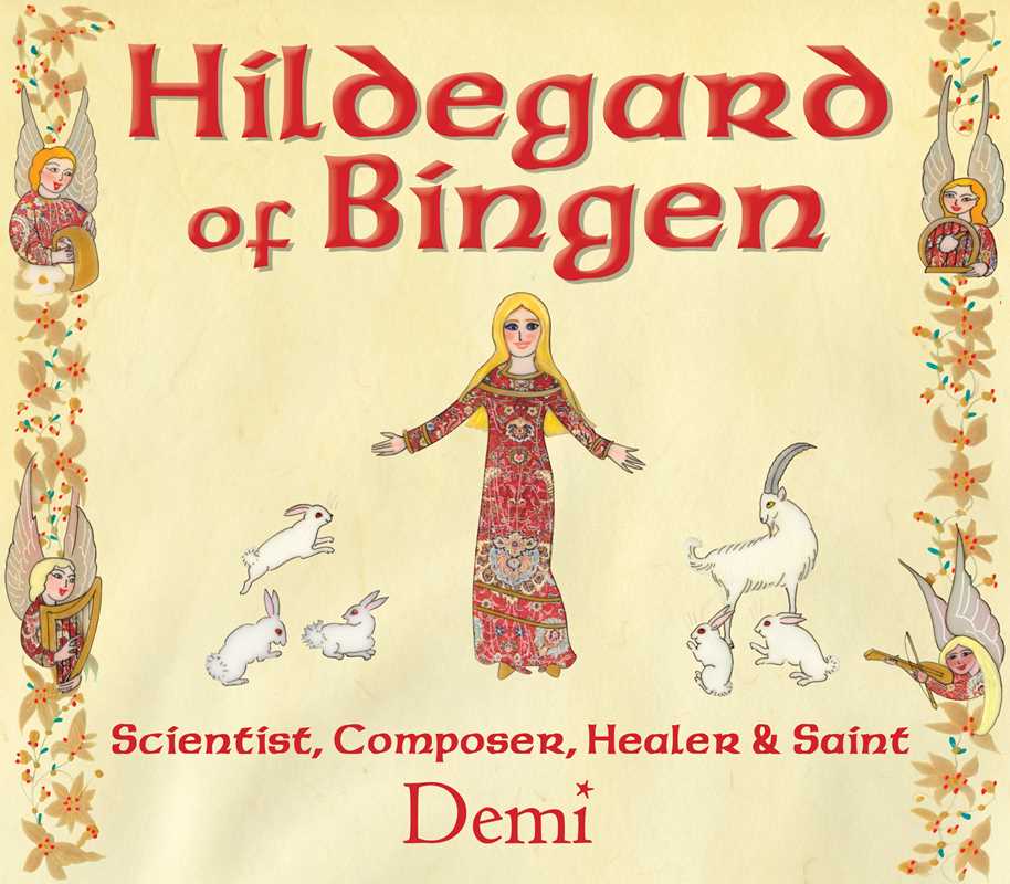 Book cover of 'Hildegard of Bingen' featuring illustrations of Hildegard and animals on a beige background.