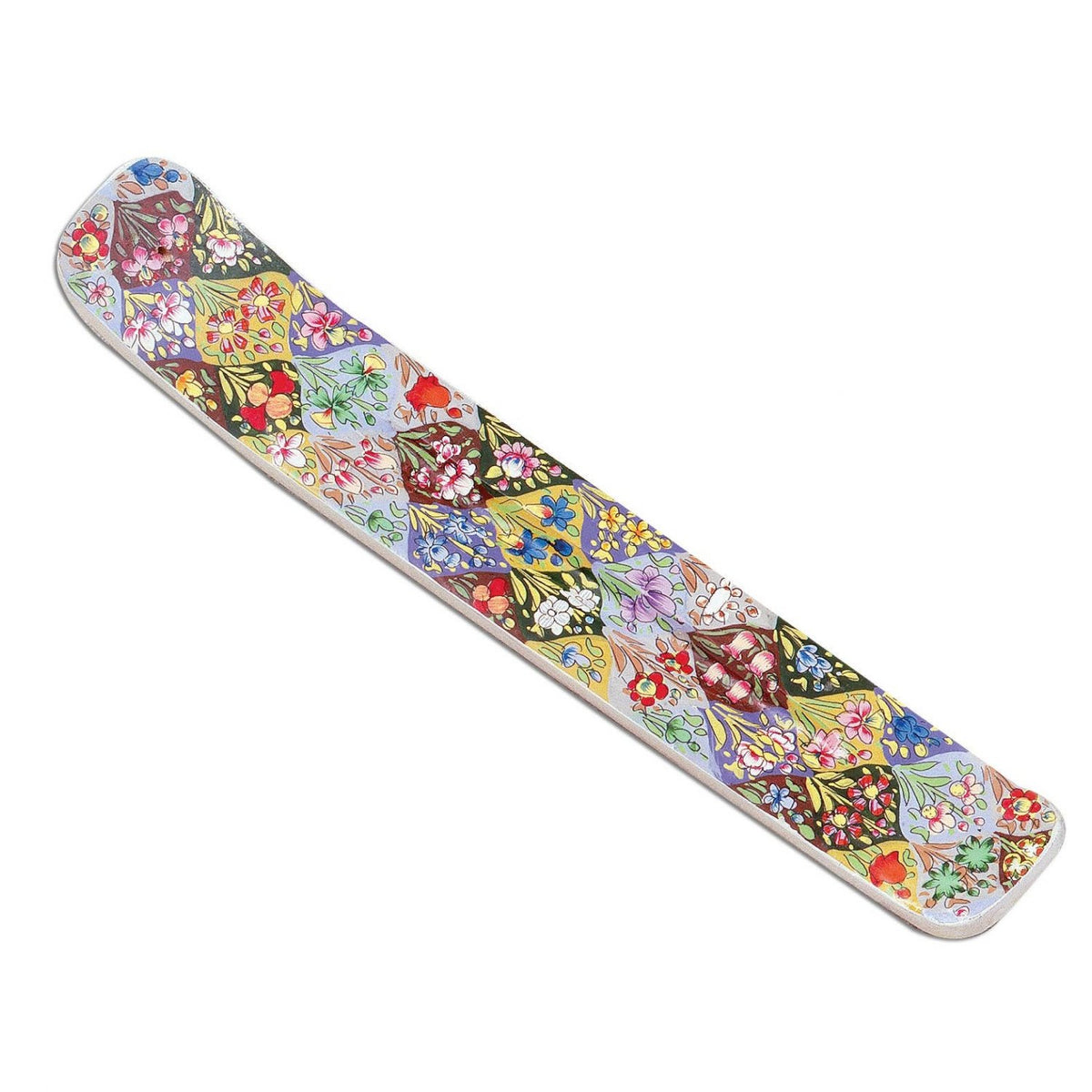 Colorful floral-patterned incense burner on a white background