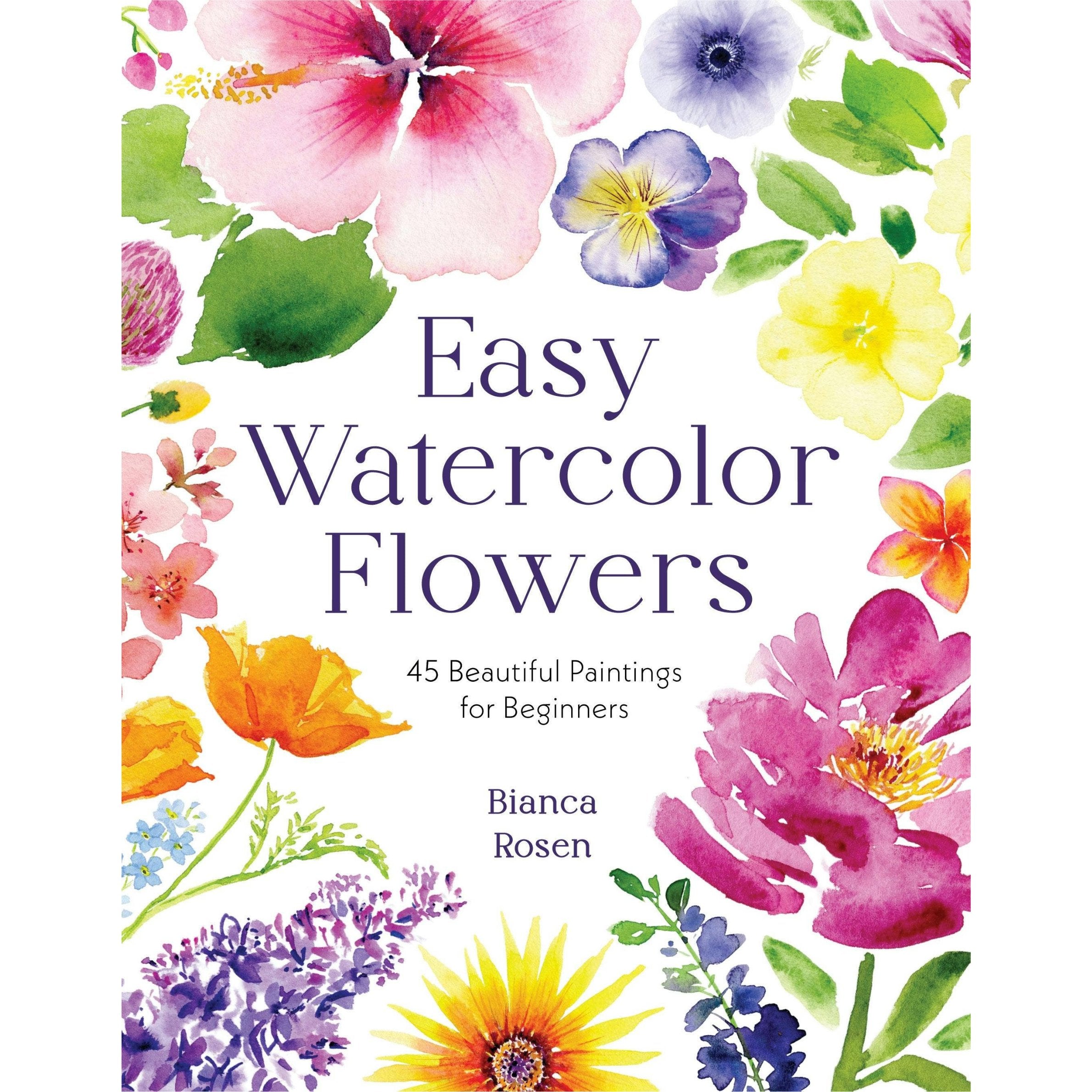 Book cover of 'Easy Watercolor Flowers' with colorful watercolor flowers and author's name.