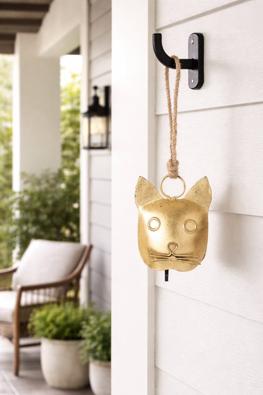 Brass cat-shaped doorbell on a white house exterior with outdoor furniture and plants.