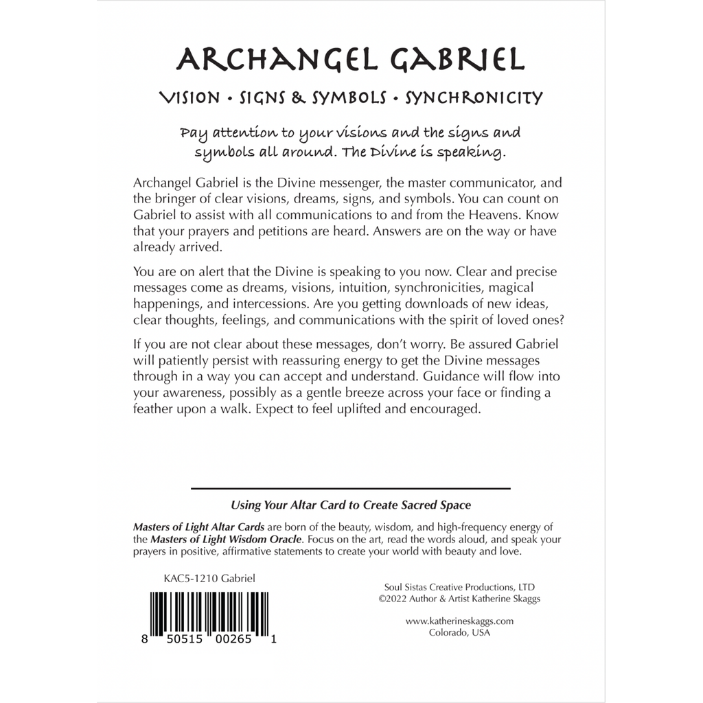 Back cover of a KACS-1210 Light Up Altar Card deck by Archangel Gabriel, featuring black text on a white background with product information, a barcode, and the Soul of Light Worship brand name.