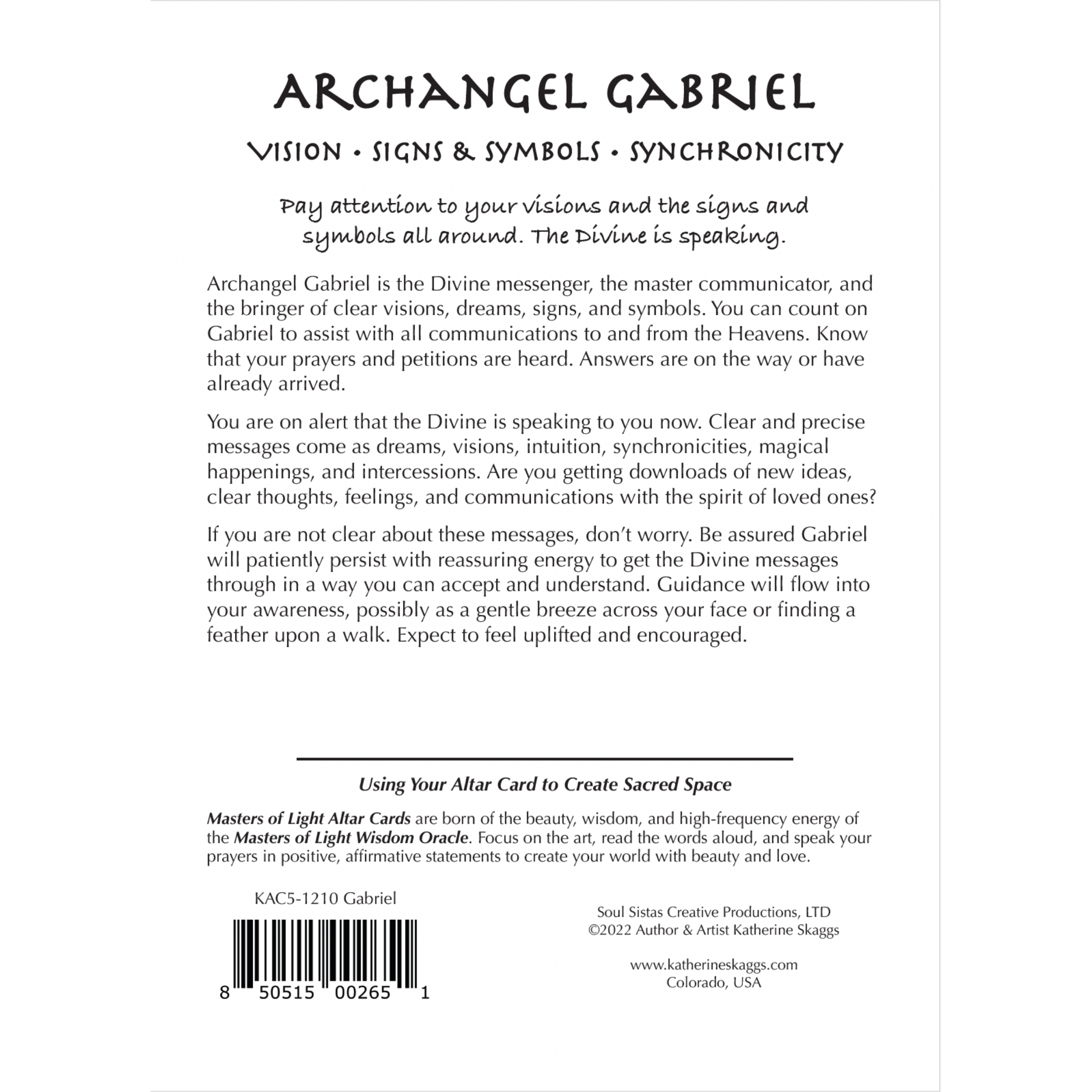 Back cover of a KACS-1210 Light Up Altar Card deck by Archangel Gabriel, featuring black text on a white background with product information, a barcode, and the Soul of Light Worship brand name.