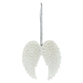 A white angel wing hanging ornament with a textured glittery silver hanging loop at the top, shown against a plain white background.