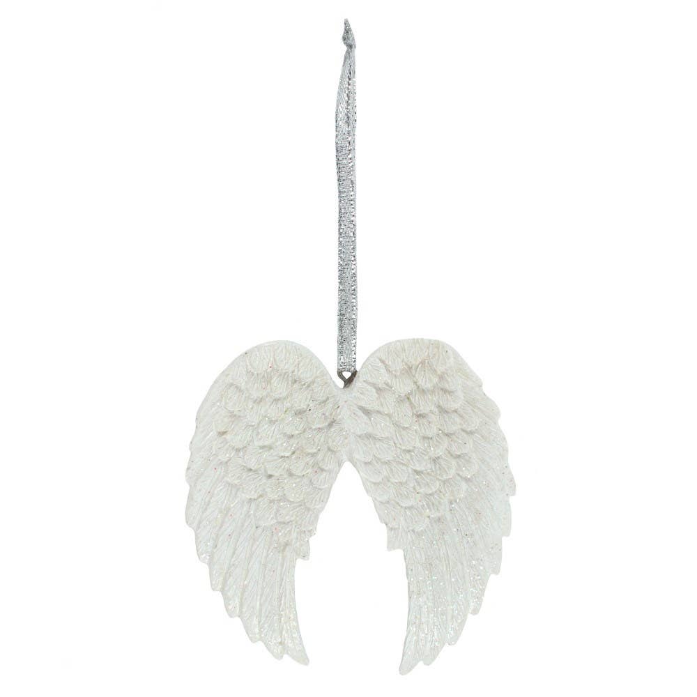 A white angel wing hanging ornament with a textured glittery silver hanging loop at the top, shown against a plain white background.