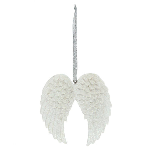 A white angel wing hanging ornament with a textured glittery silver hanging loop at the top, shown against a plain white background.