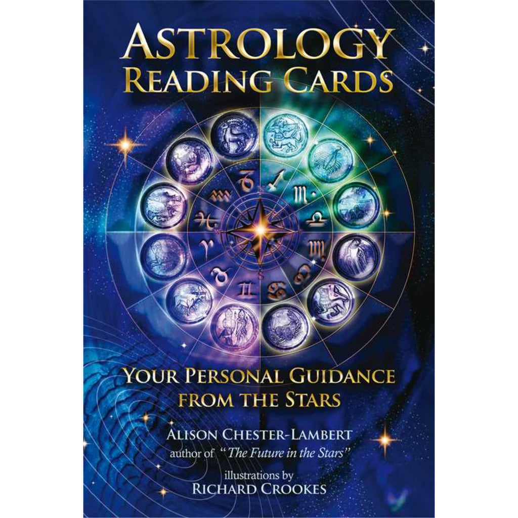 Astrology reading cards with zodiac symbols and star design on a blue background