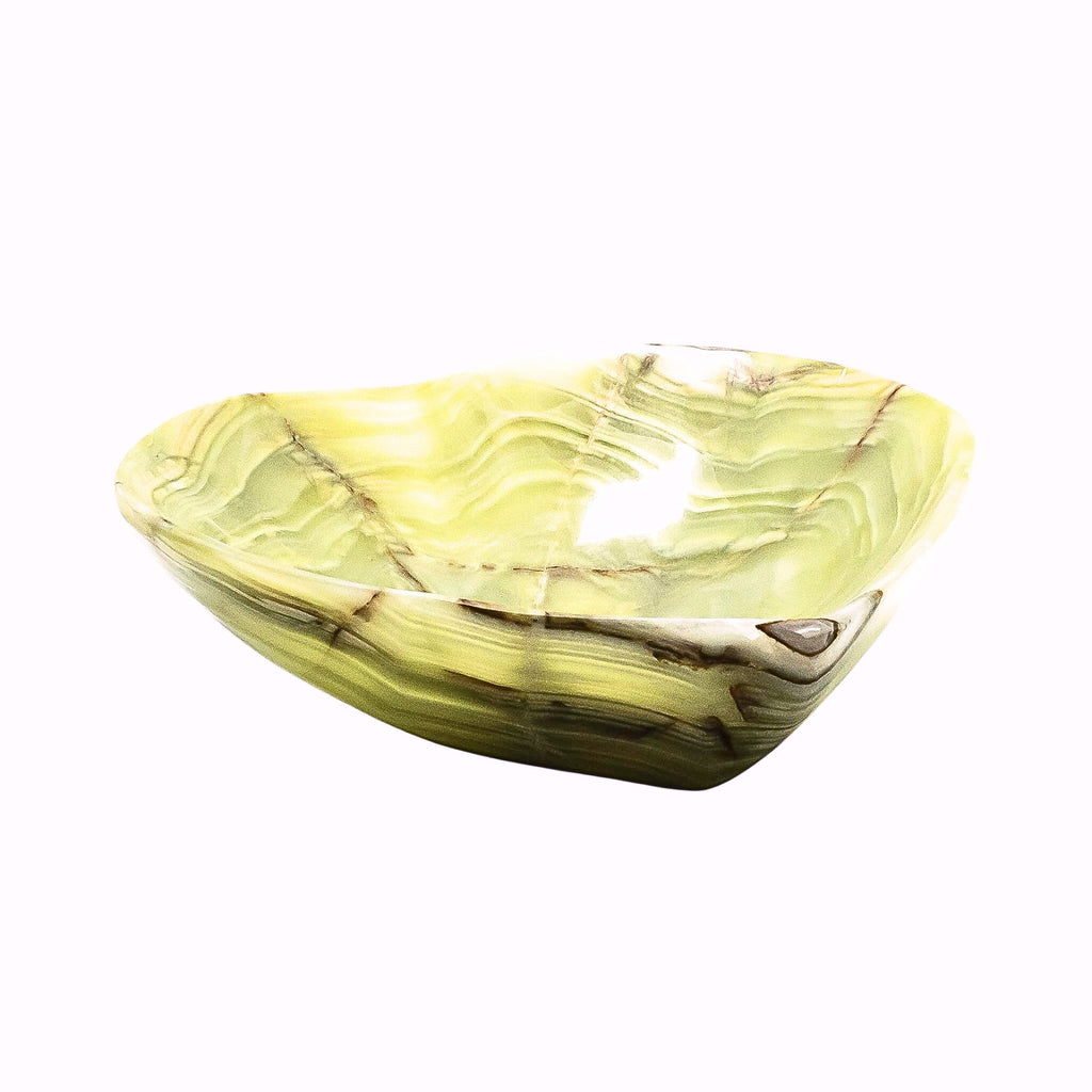 A green onyx stone vessel bowl with natural marbled patterns, shown on a solid white background.