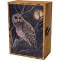A wooden keepsake box featuring a detailed illustration of a owl perched on a branch in a dark forest at night under a full moon, with a metal clasp on the side.