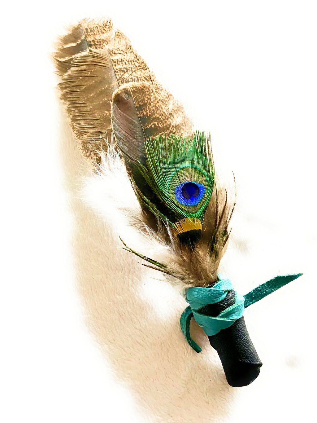Smudge Fan with Leather wrapped Handle, Smudging Feathers: Colorful colors