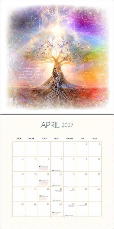 A vertical wall calendar page for April 2027, featuring a colorful artistic tree illustration with rainbow light effects above a monthly grid on a cream background.