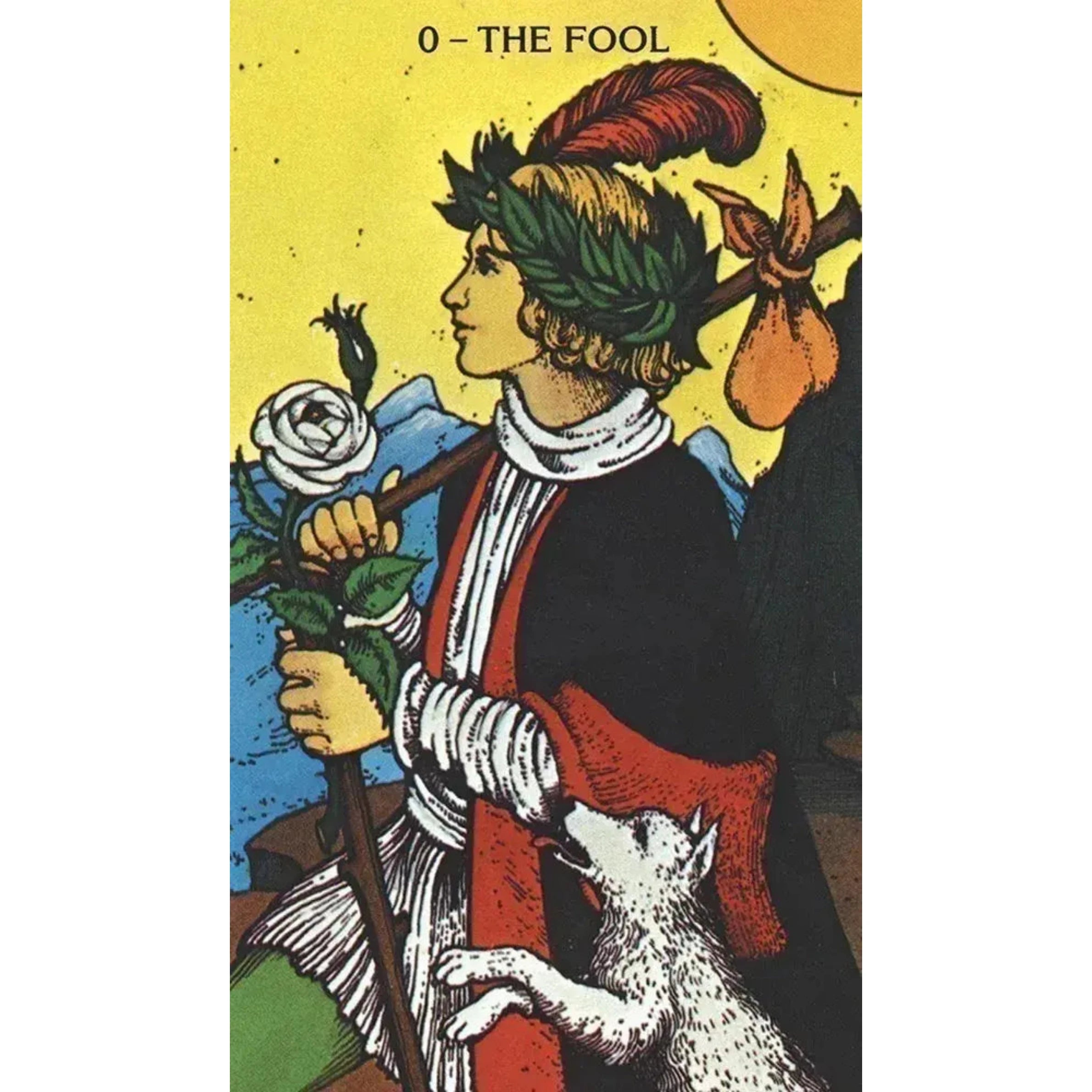 A vintage-style illustrated tarot card labeled '0 - THE FOOL' showing a robed figure in profile with a feathered hat, holding a white rose, with a white dog at the lower right on a yellow background.