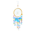 Dreamcatcher with colorful feathers hanging on a window with a view of the ocean and sky.