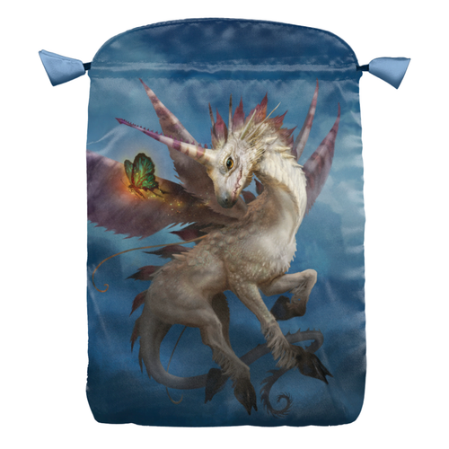 Drawstring bag with a fantasy creature design on a blue background
