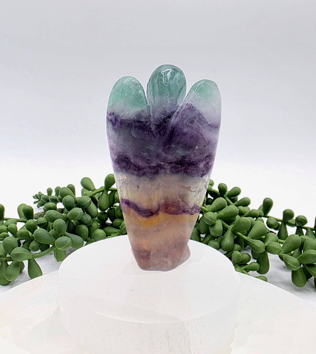 back of Rainbow Fluorite Angel 3 inches