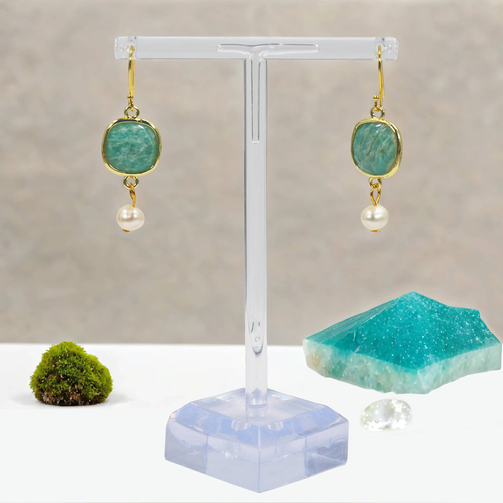 Peruvian Amazonite and Cultured Pearl Drop Earrings
