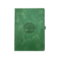 A green textured notebook with a dark green embossed tree of life design in the center, shown against a plain white background.