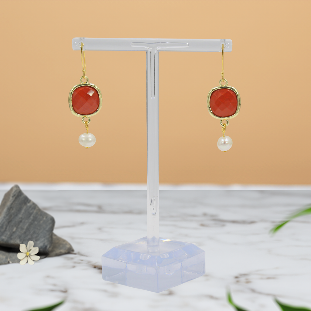 Red Jasper and Cultured Pearl Drop Earrings