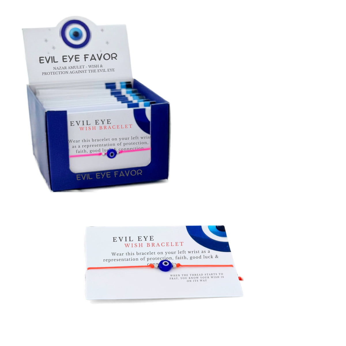 Evil Eye Favor bracelets in packaging on a white surface