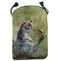 Drawstring bag with a cat and fairy design on a green background
