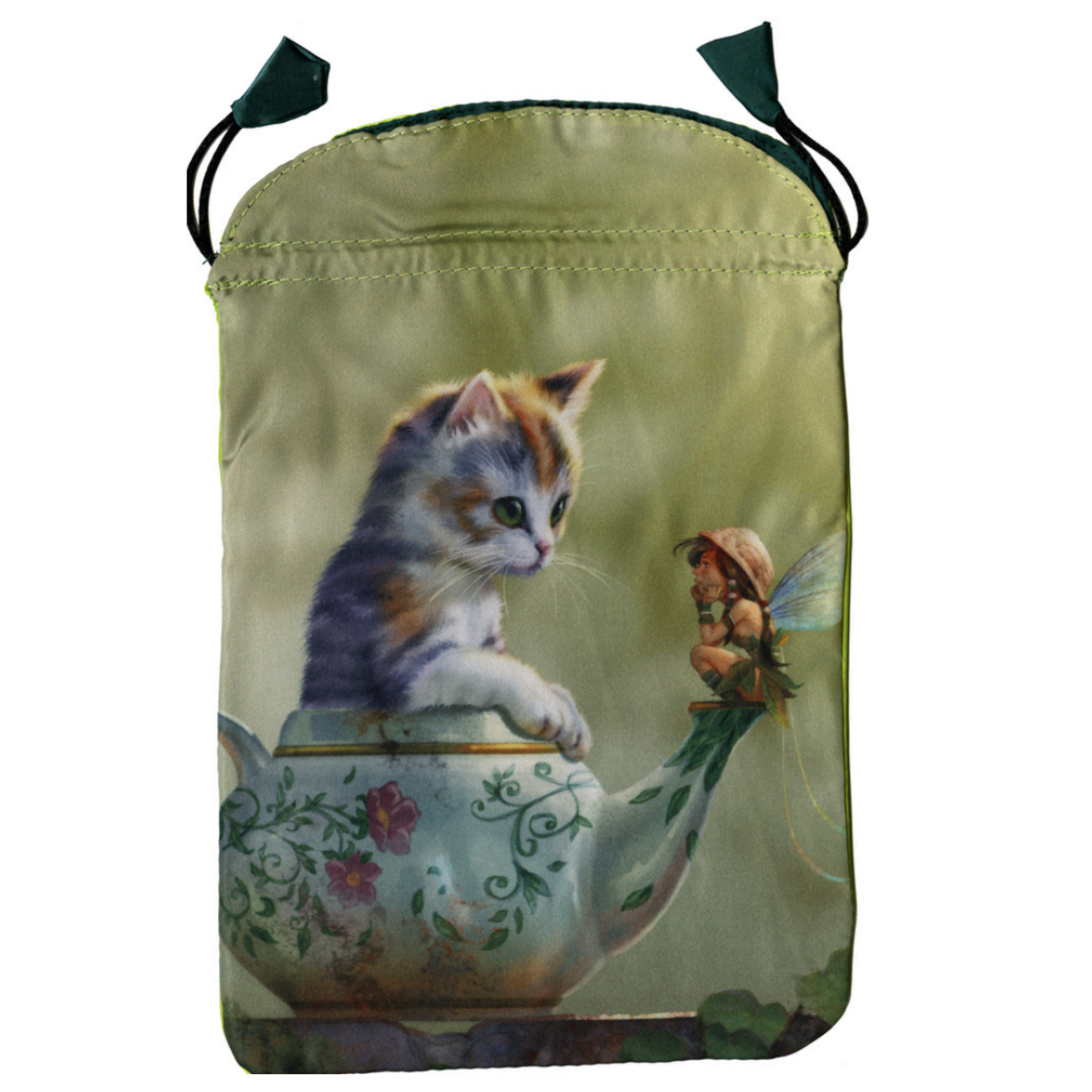 Drawstring bag with a cat and fairy design on a green background