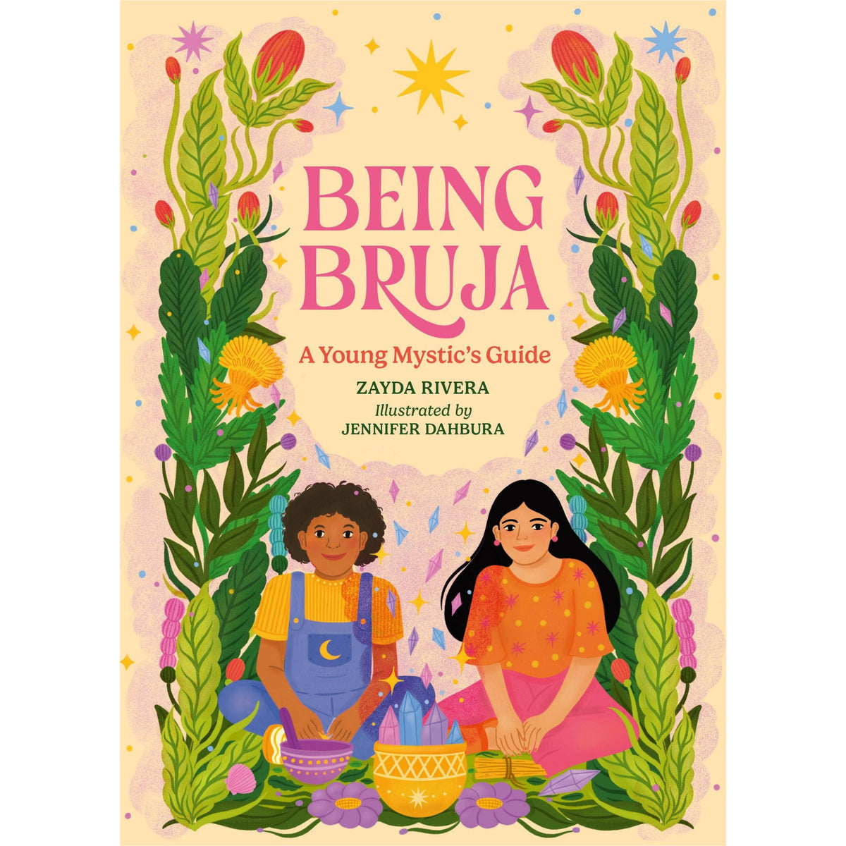 Book cover of 'Being Bruja' with two women and floral elements on a pink background