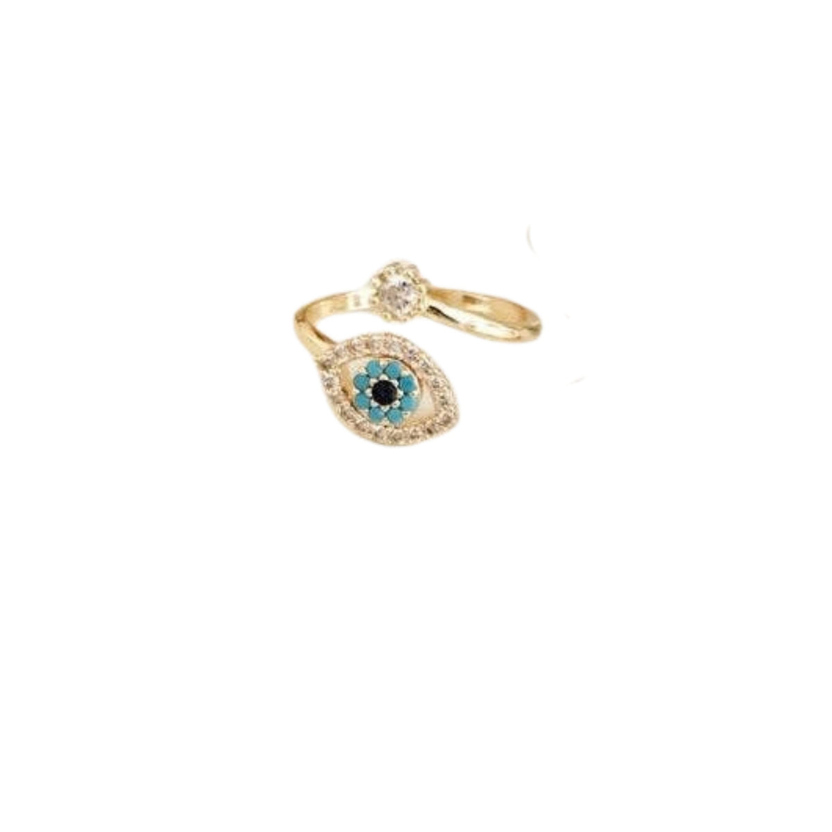 A gold-toned evil eye ring with a central turquoise and black eye motif, surrounded by small clear stones, on a plain white background.