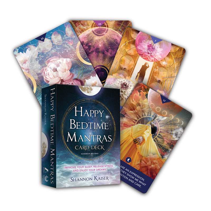 Happy Bedtime Mantras card deck with colorful cards and a blue book cover on a white background