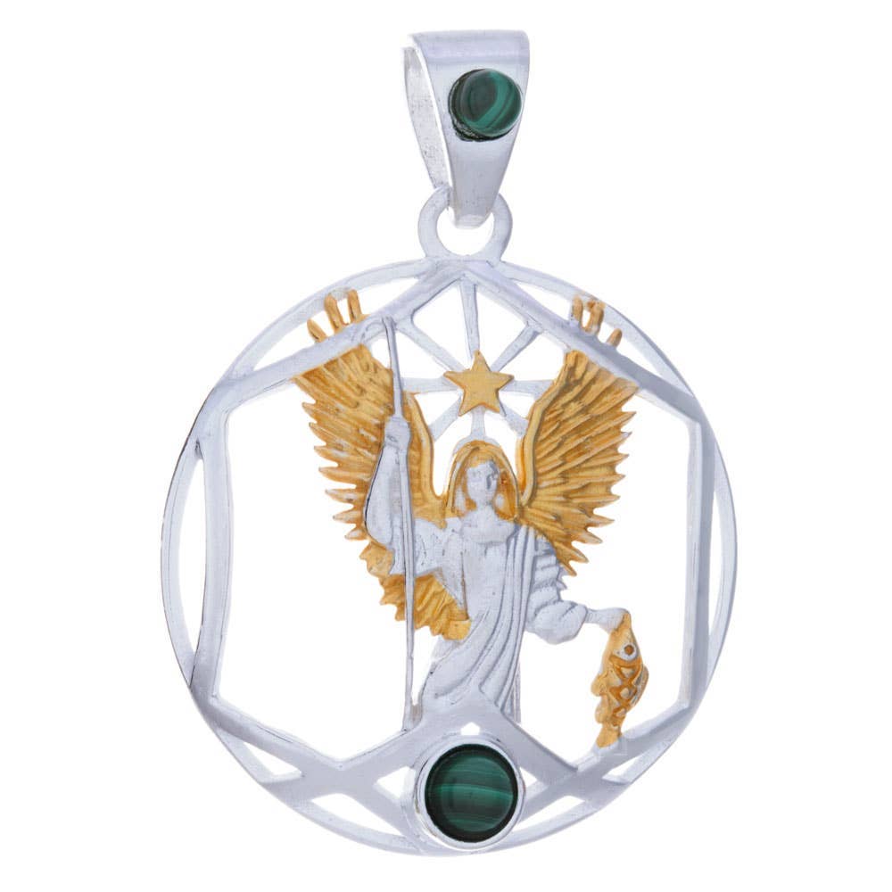 Archangel Raphael Gold Plated Pendant with Malachite: Sterling Silver