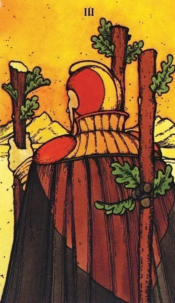 Tarot card with a figure in armor and two sticks on a yellow background