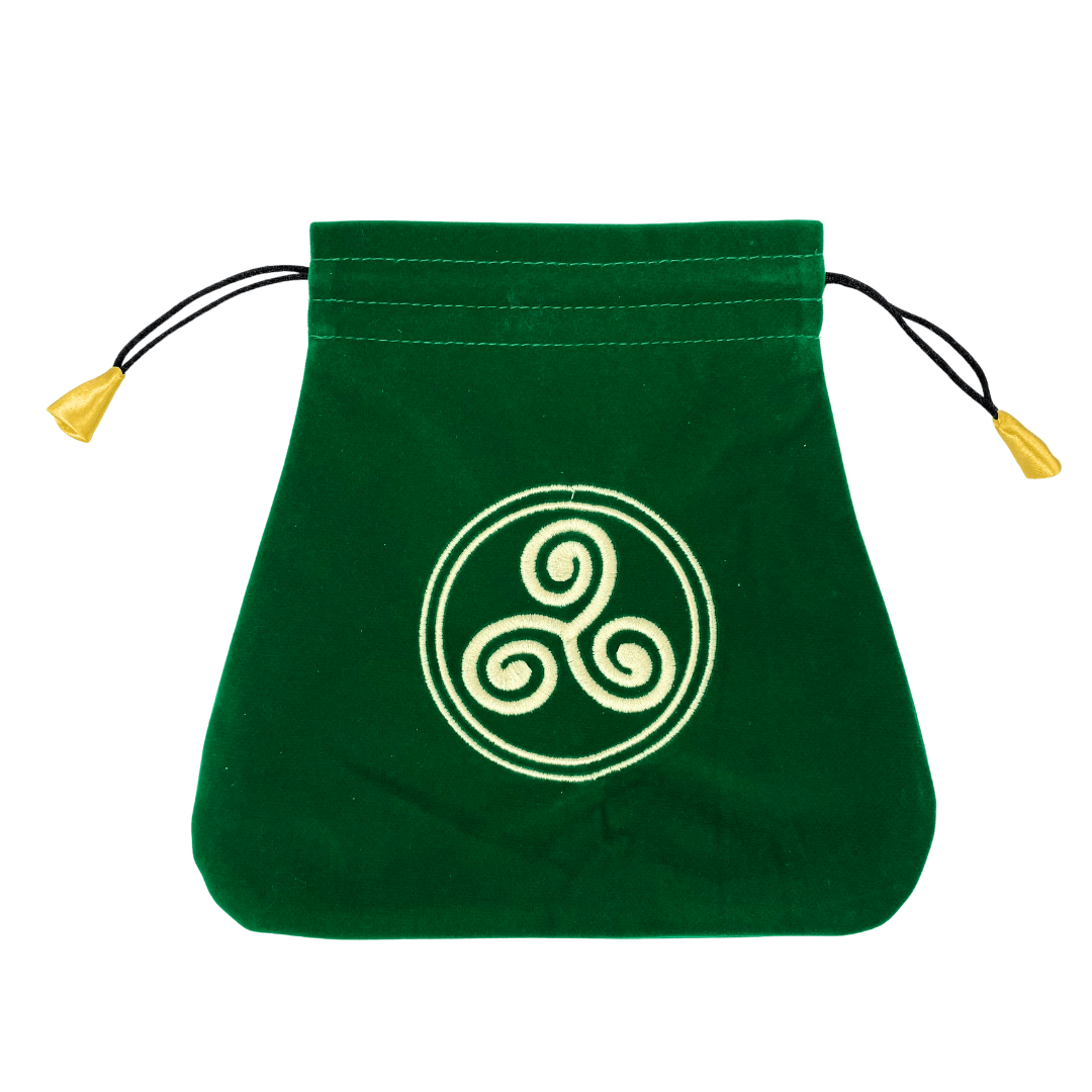 Green drawstring pouch with a white triskele symbol on a white background